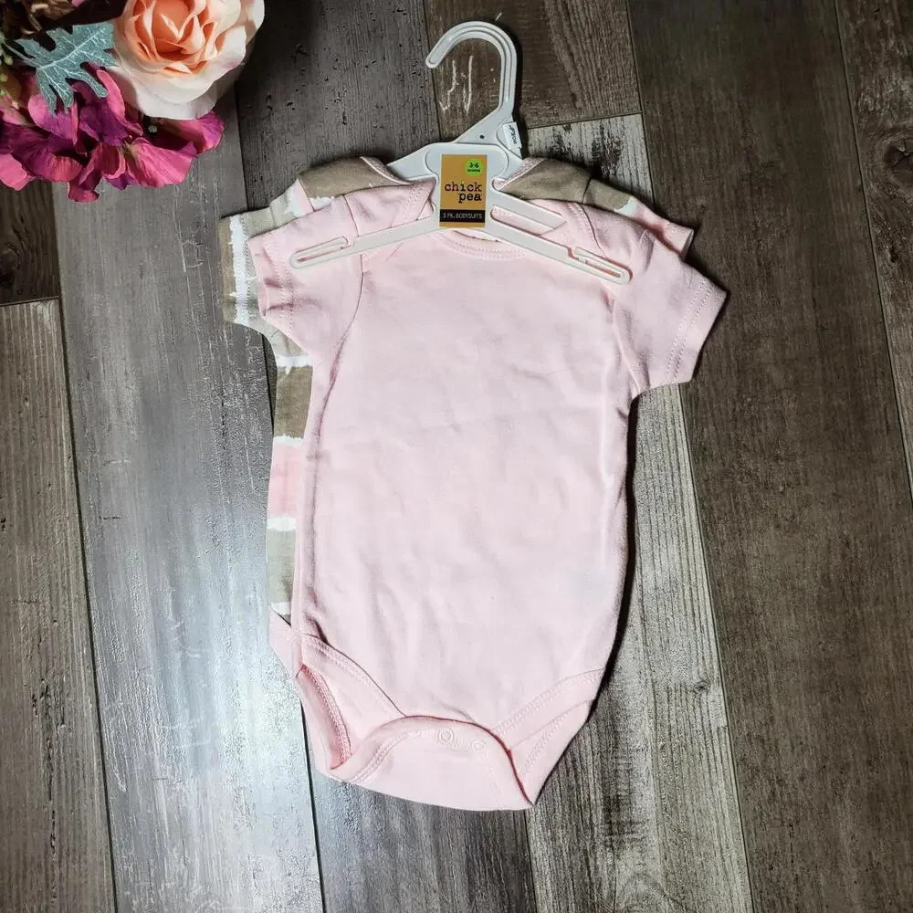 NWT Chick Pea 2 Pack Pink Beige Baby Girl Bodysuits Size 3/6M - Picture 2 of 6